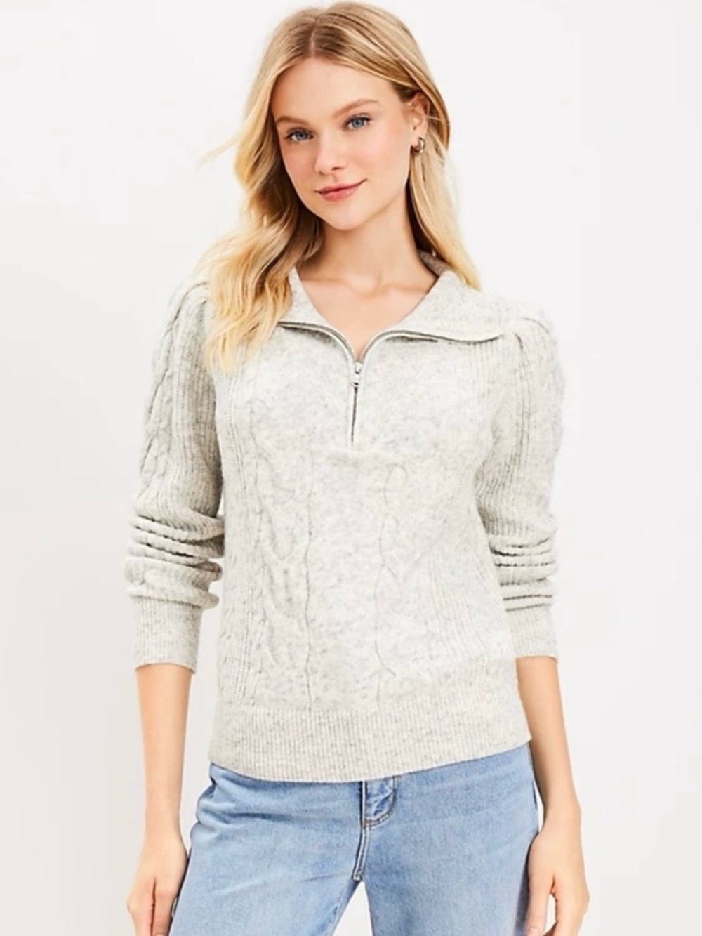 LOFT Ann Taylor Light Gray Cable Knit Quarter Zip Sweater